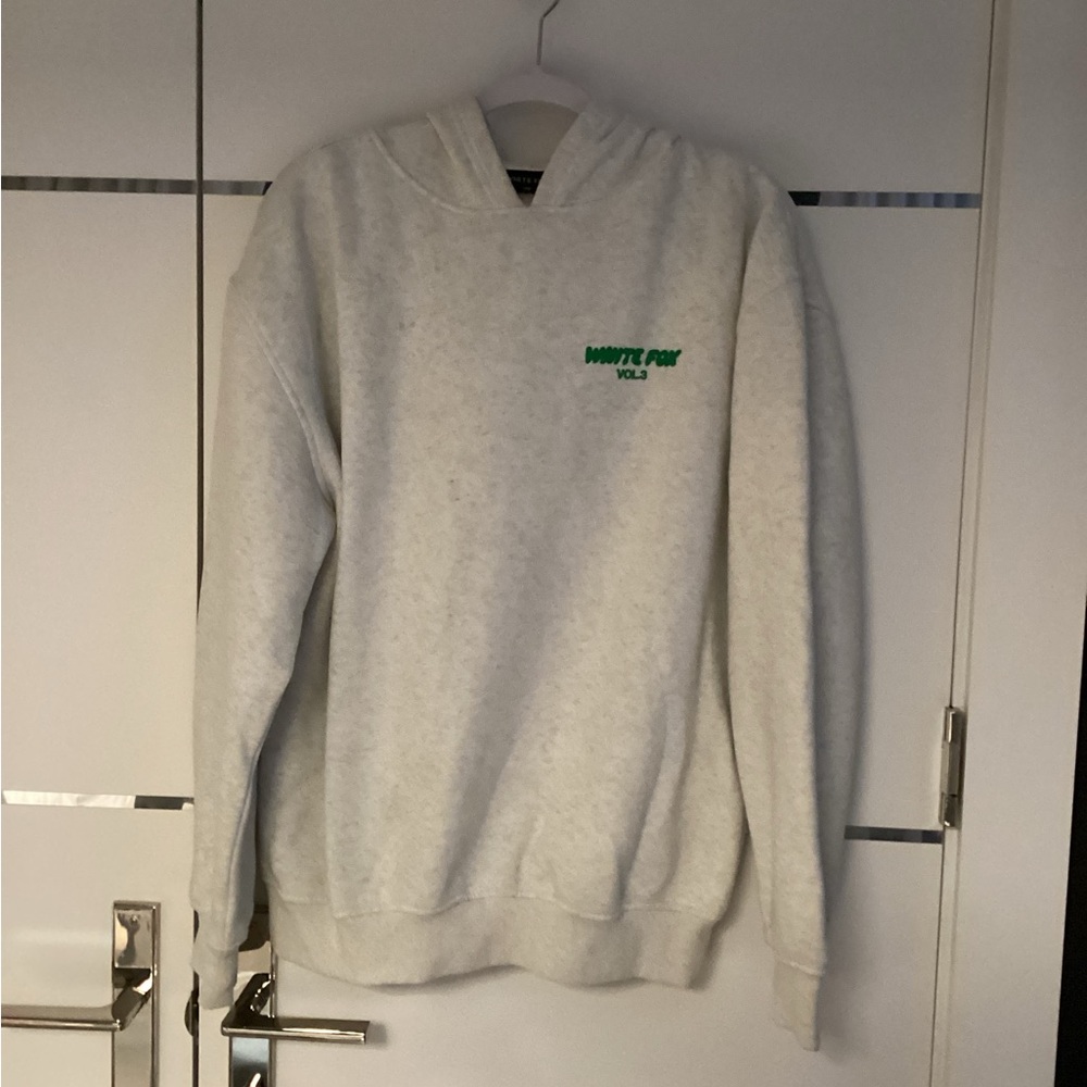 White Fox Boutique Light Gray V-Neck Hoodie with Green Logo